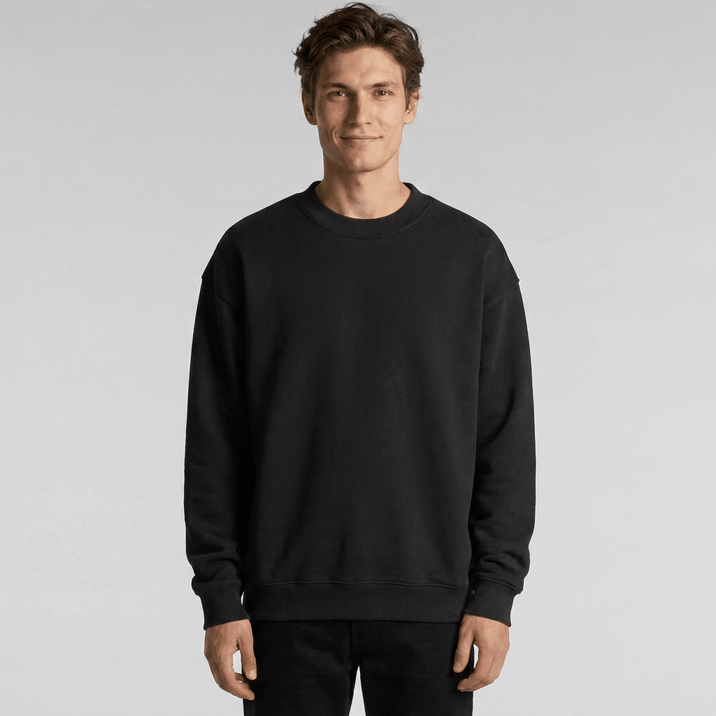 Custom Made Crew 5150 sweatshirt in Black, on-model, front view, 500 GSM 100% cotton French terry, Empulse custom branding