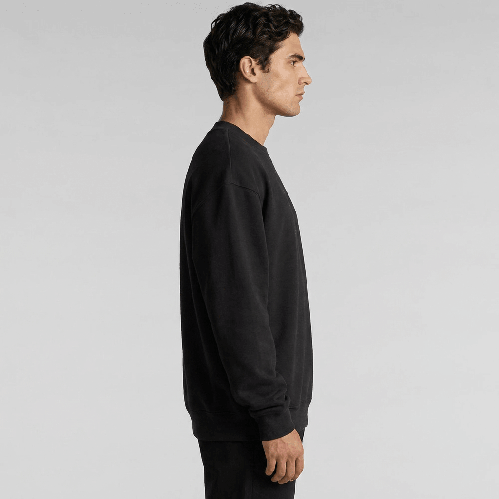 Custom Made Crew 5150 sweatshirt in Black, on-model, front view, 500 GSM 100% cotton French terry, Empulse custom branding