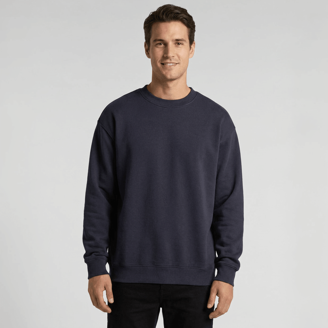 Custom Made Crew 5150 sweatshirt, on-model, front view, 500 GSM 100% cotton French terry, Empulse custom branding