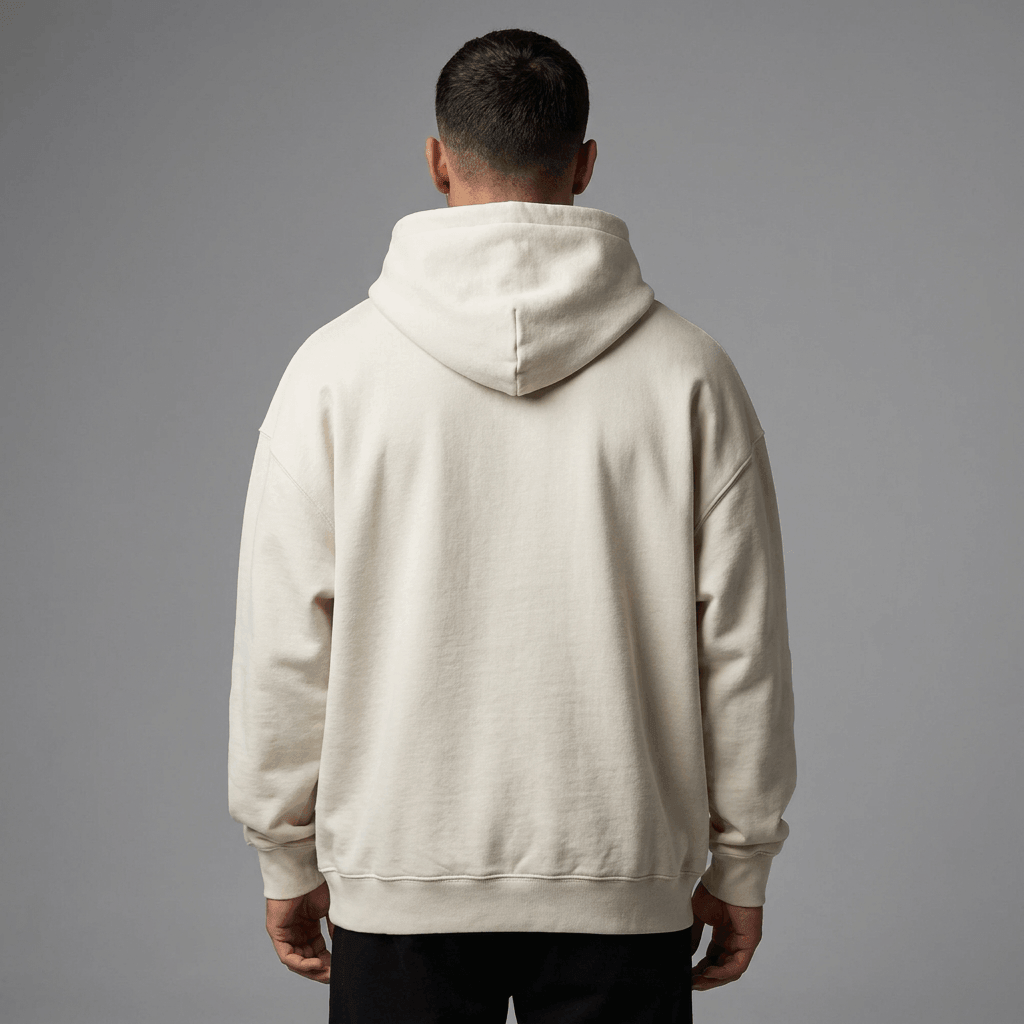 Custom Made Hoodie 5151 in Natural, back view, 500 GSM 100% cotton French terry, Empulse custom branding