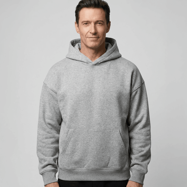 Custom Made Hoodie 5151 in Grey Marle, on-model, front view, 500 GSM 100% cotton French terry, Empulse custom branding