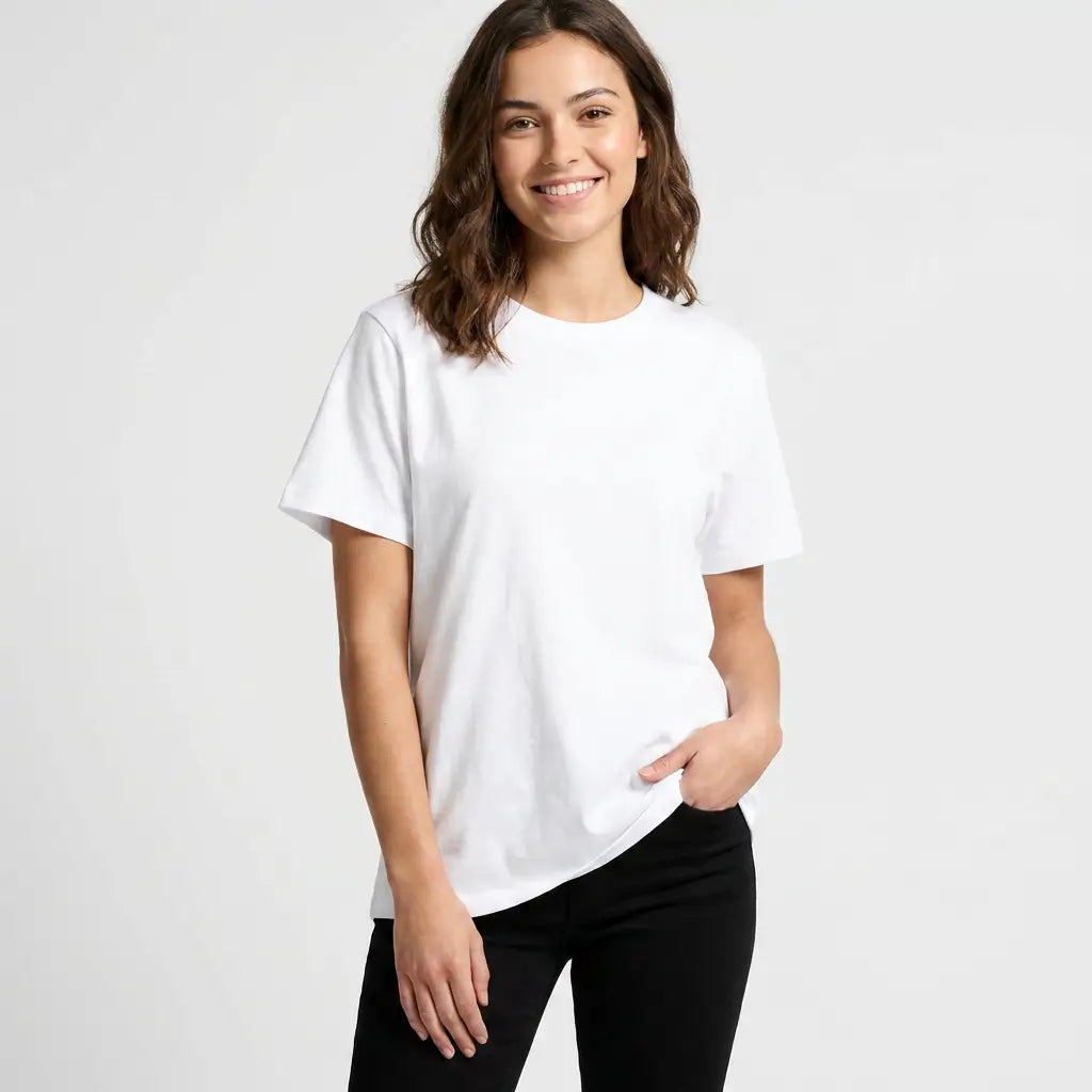 Custom Women's Classic Minus Tee 4079, relaxed fit, 5cm shorter body, 220 GSM combed cotton, studio front view