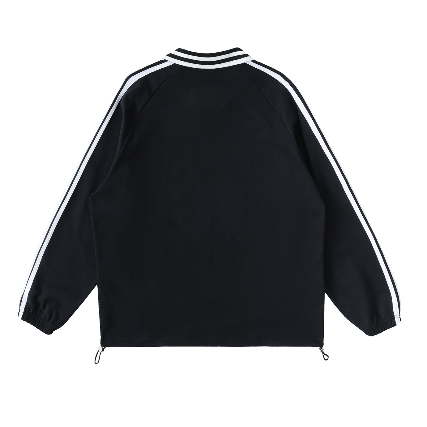 Black jacket with white stripes on sleeves and neckline on a white background