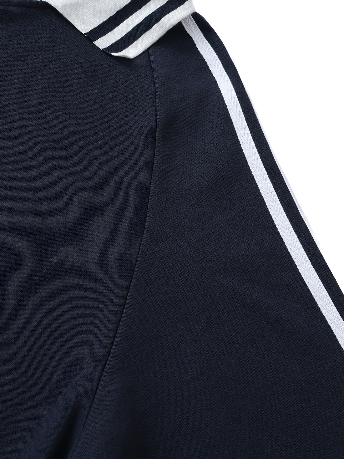 Navy blue pants with white stripes on a white background
