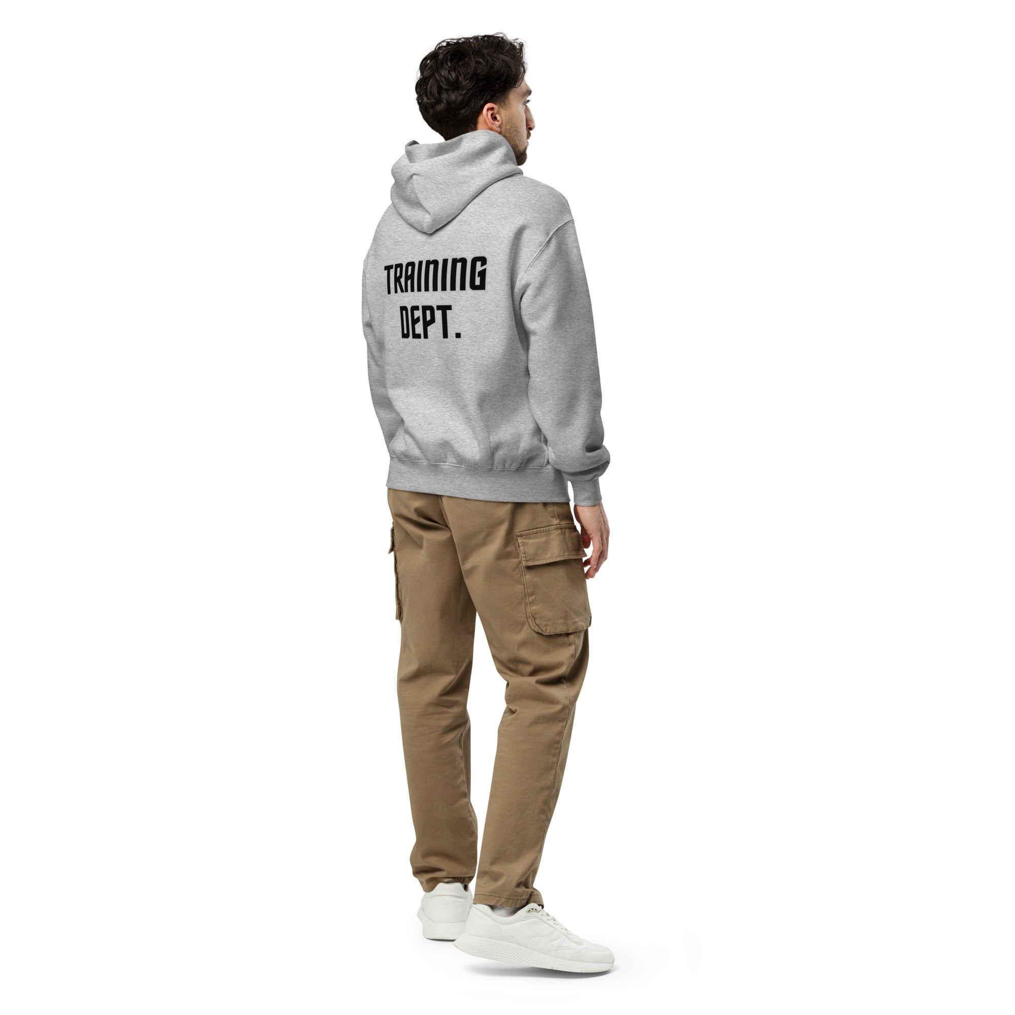 Man wearing oversized hoodie in grey EMPULSE® Trining Dept print