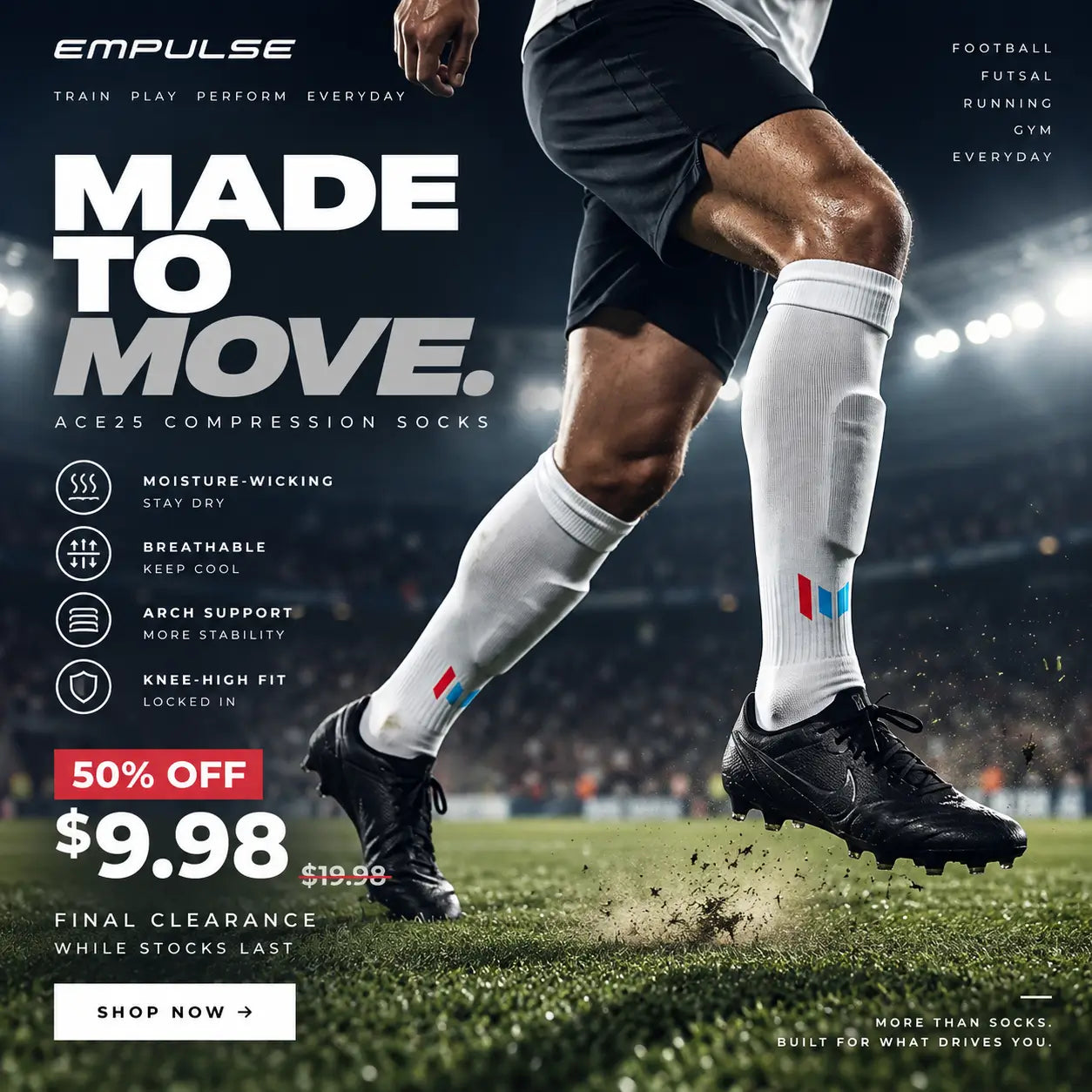 Empulse Made to Move compression socks ad featuring a soccer player's legs in white socks with red and blue logo accents, black shorts, and black cleats on a soccer field. The ad includes product features, pricing, and a 'Shop Now' button.