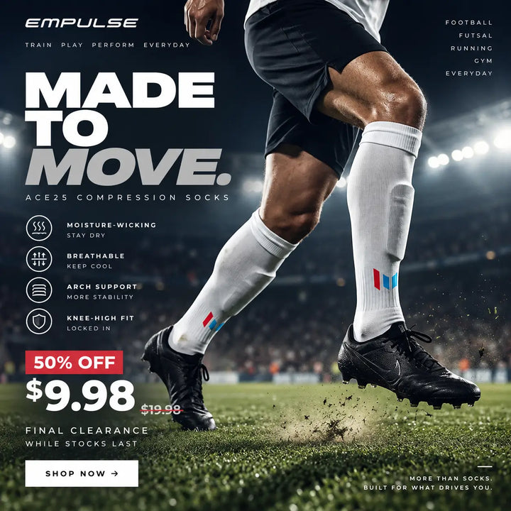 Empulse Made to Move compression socks ad featuring a soccer player's legs in white socks with red and blue logo accents, black shorts, and black cleats on a soccer field. The ad includes product features, pricing, and a 'Shop Now' button.