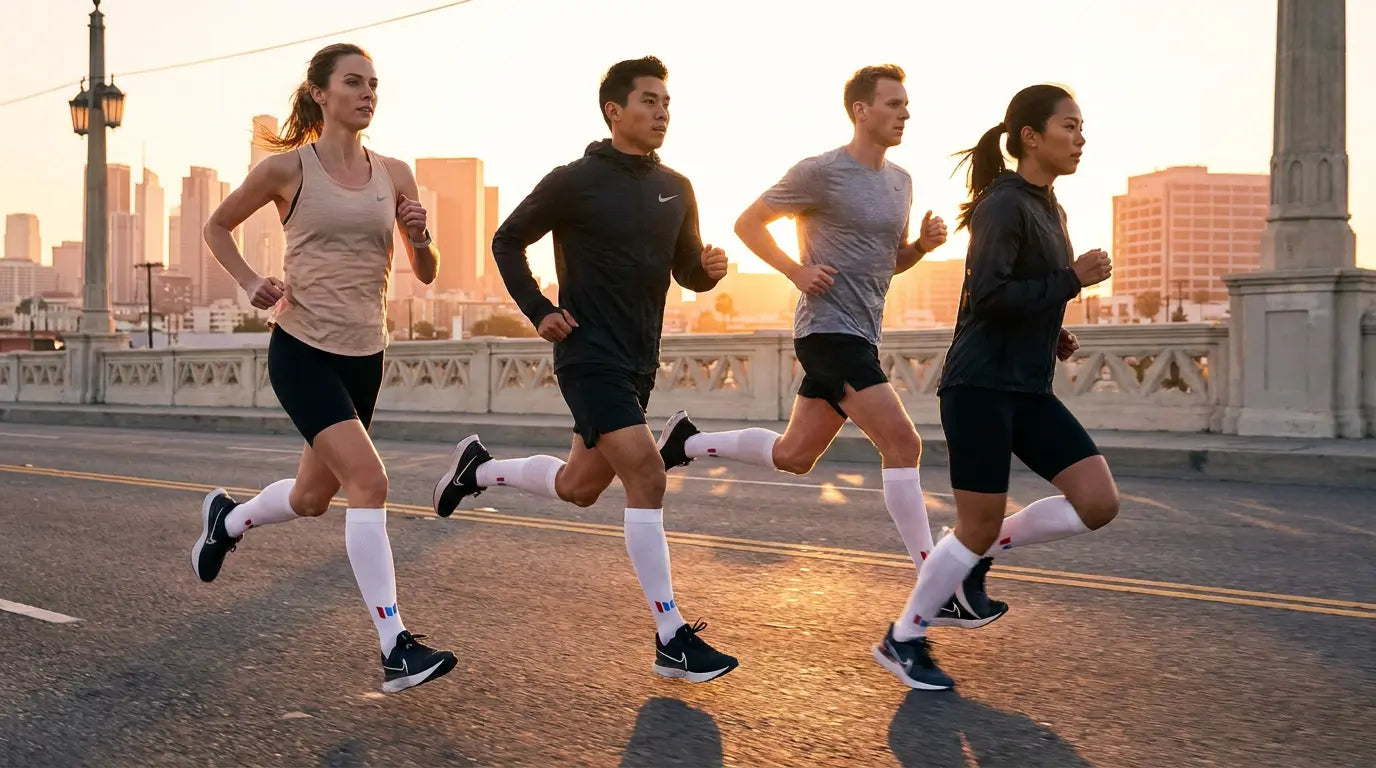 Four runners jogging side by side on a city street at sunset, wearing athletic apparel from Nike, including tank tops, long-sleeve shirts, shorts, and running shoes.