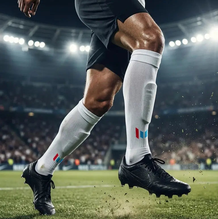 A close-up action shot of a soccer player's legs running on a stadium field at night, wearing white knee-high socks with a small red and blue logo, black soccer cleats, and black shorts.