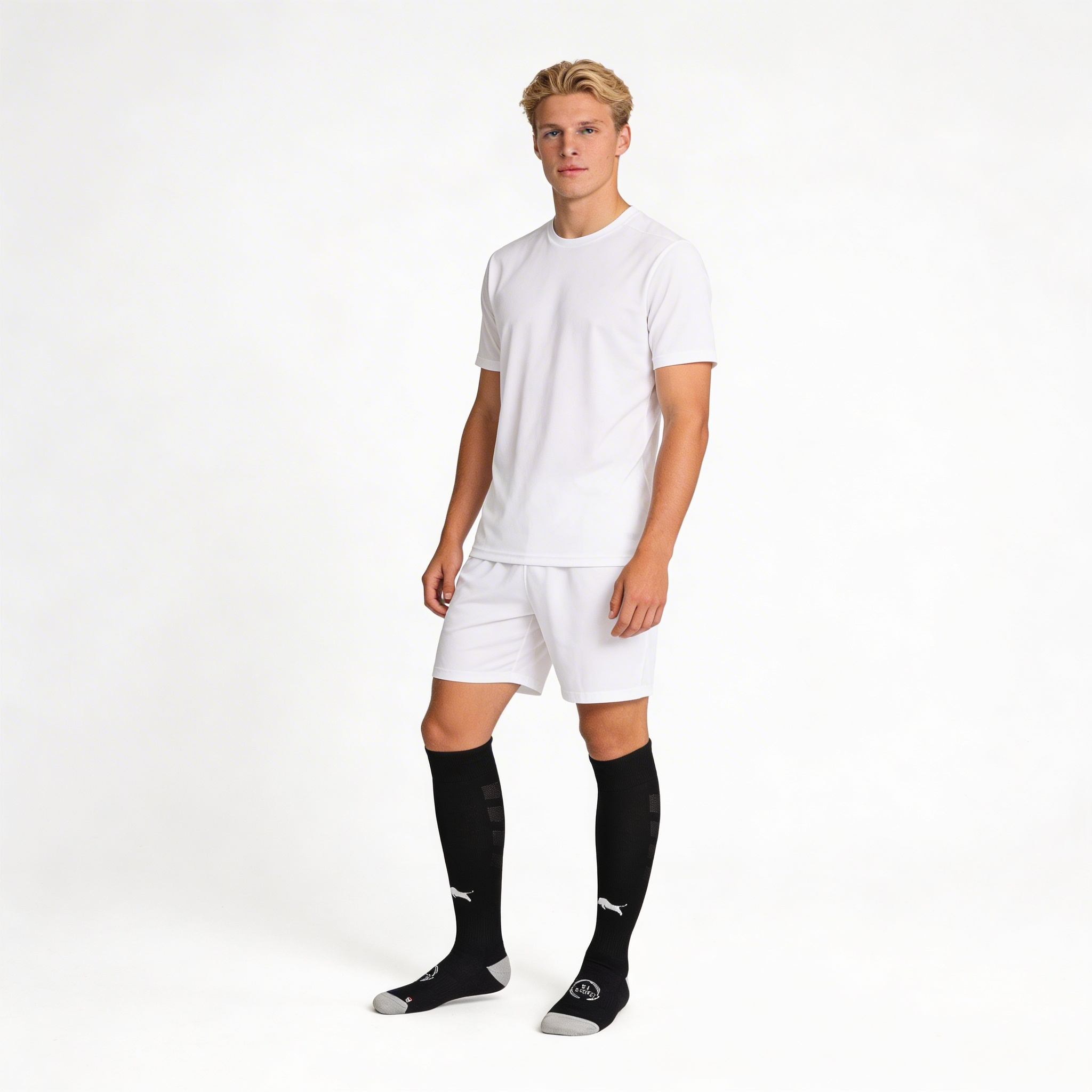 Person wearing a white t-shirt, shorts, and Empulse OTC black knee-high soccer socks on a white background