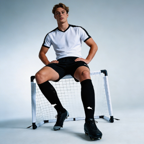 Person in soccer gear wearing Empulse El Toro OTC knee high socks, sitting on a small soccer goal