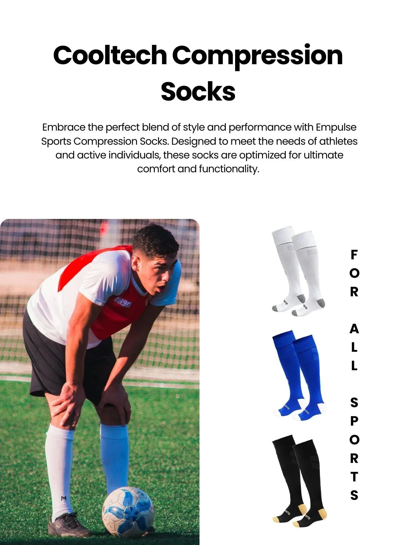 Empulse compression socks in white, blue and black