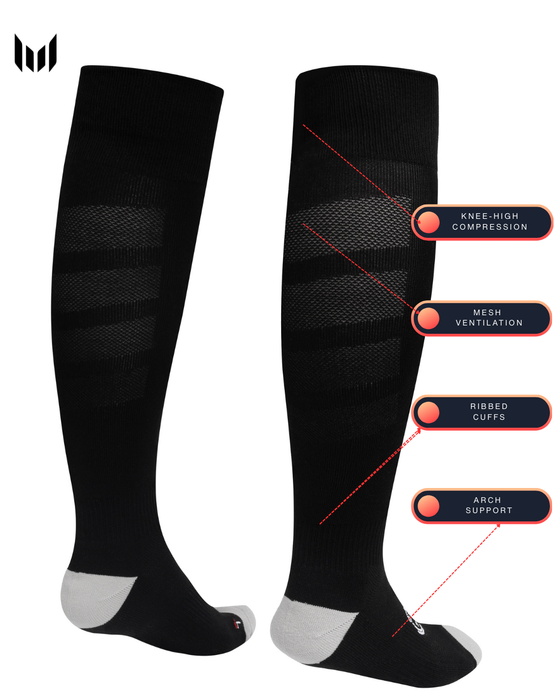 Empulse El Toro Compression Socks Black with feature labels on a white background
