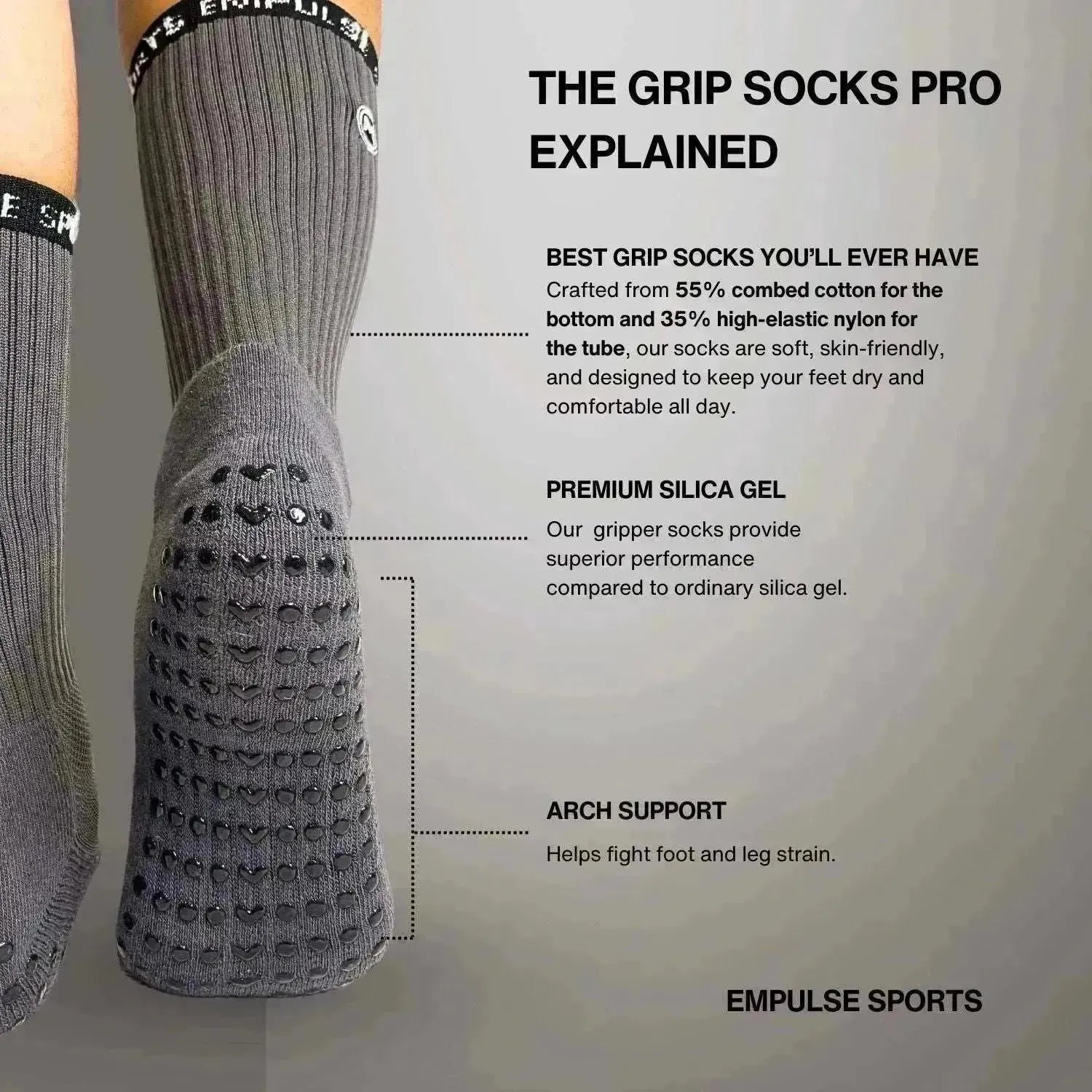 Grip Socks Pro Greystone - Empulse features showing grips on the sole of the foot