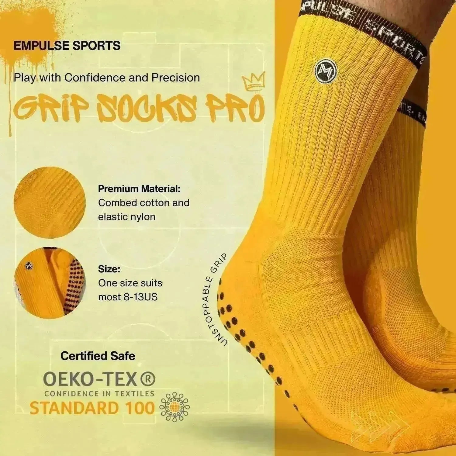 Infographic showing features of orange grip compression socks including arch support and anti-blister zones