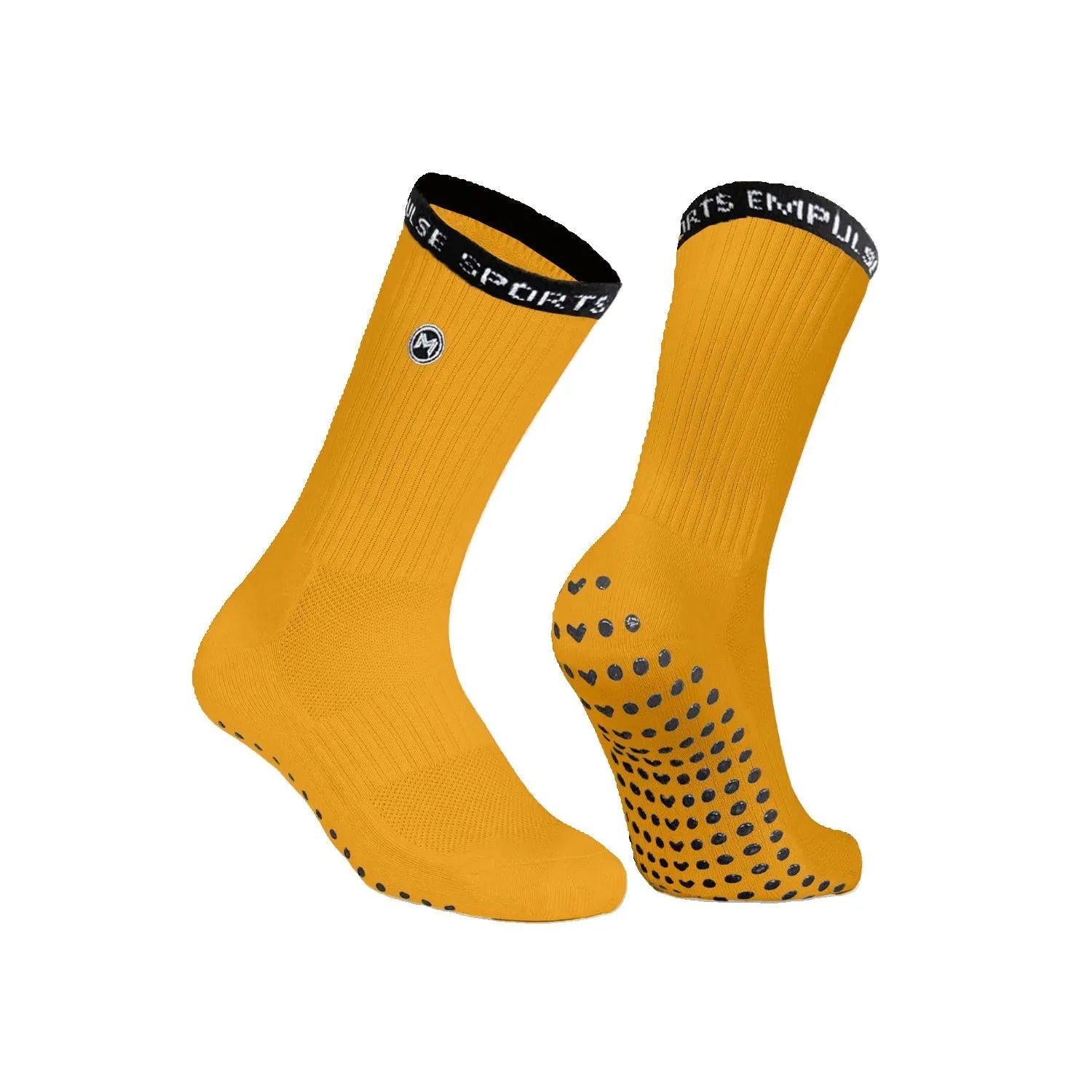 SportsGrip Pro orange compression socks front view showing grip sole and branded cuff no background