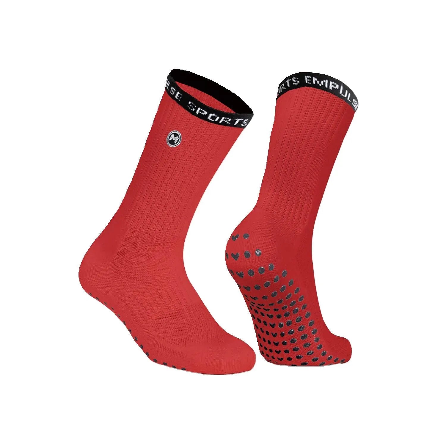 A pair of red athletic grip socks with a non-slip design, featuring silica gel grip pattern on the sole and branded with 'Empulse' logo near the top.
