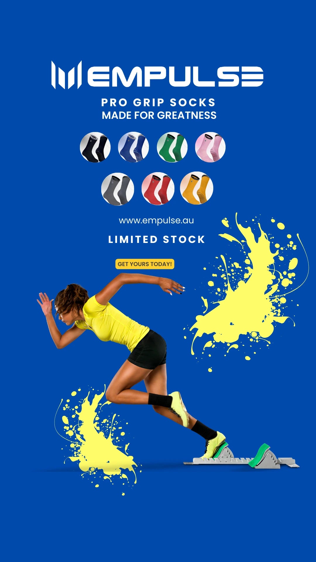 Advertisement for Empulse pro grip socks with a runner on a blue background