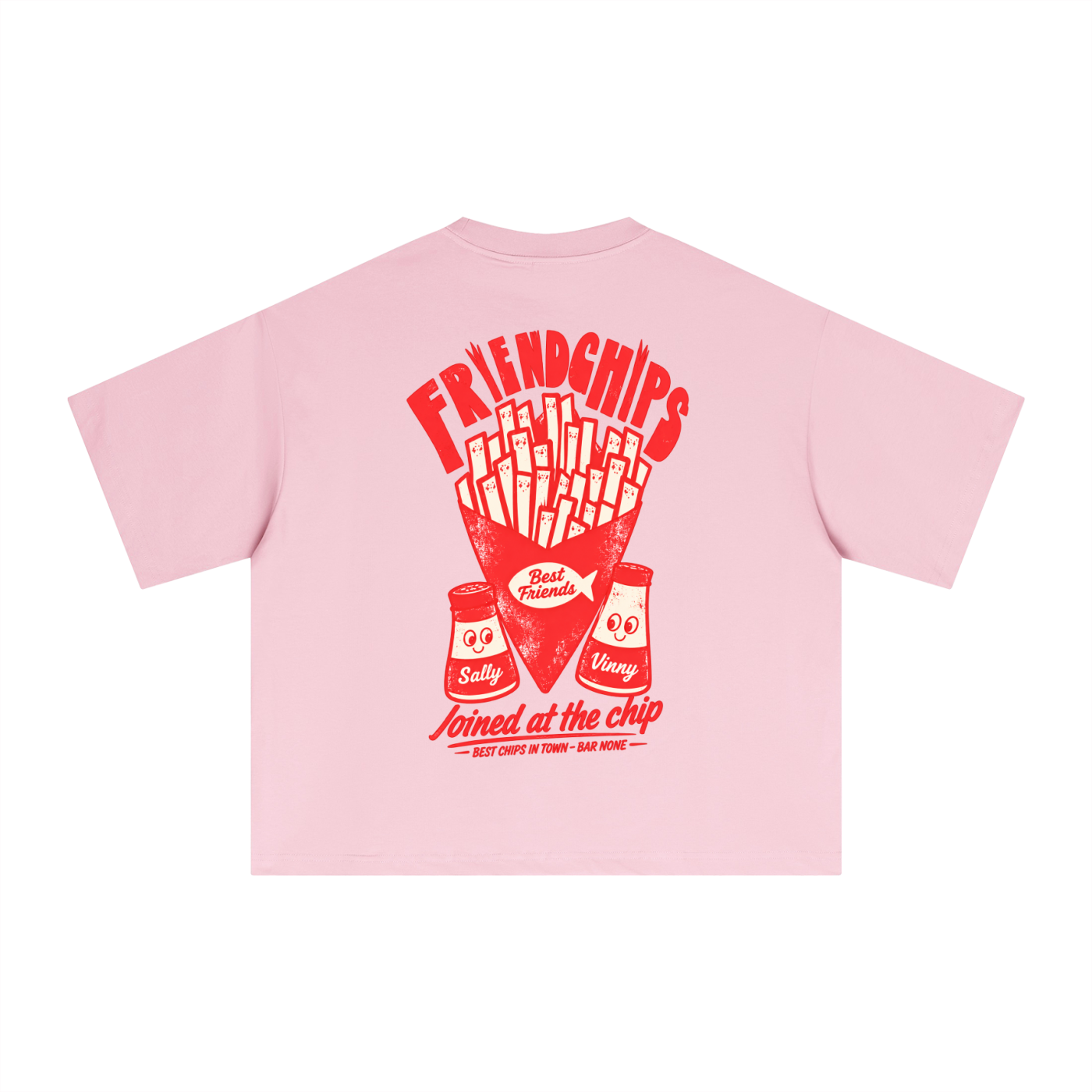 Empulse Hot Chips Sorona boxy tee in pink, back view with red hot chips and salt and vinegar print