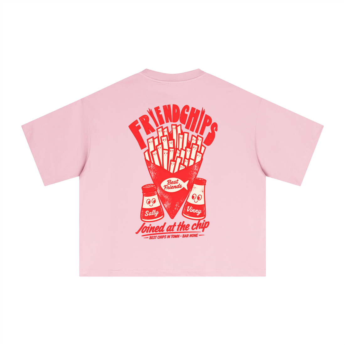 Empulse Hot Chips Sorona boxy tee in pink, back view with red hot chips and salt and vinegar print