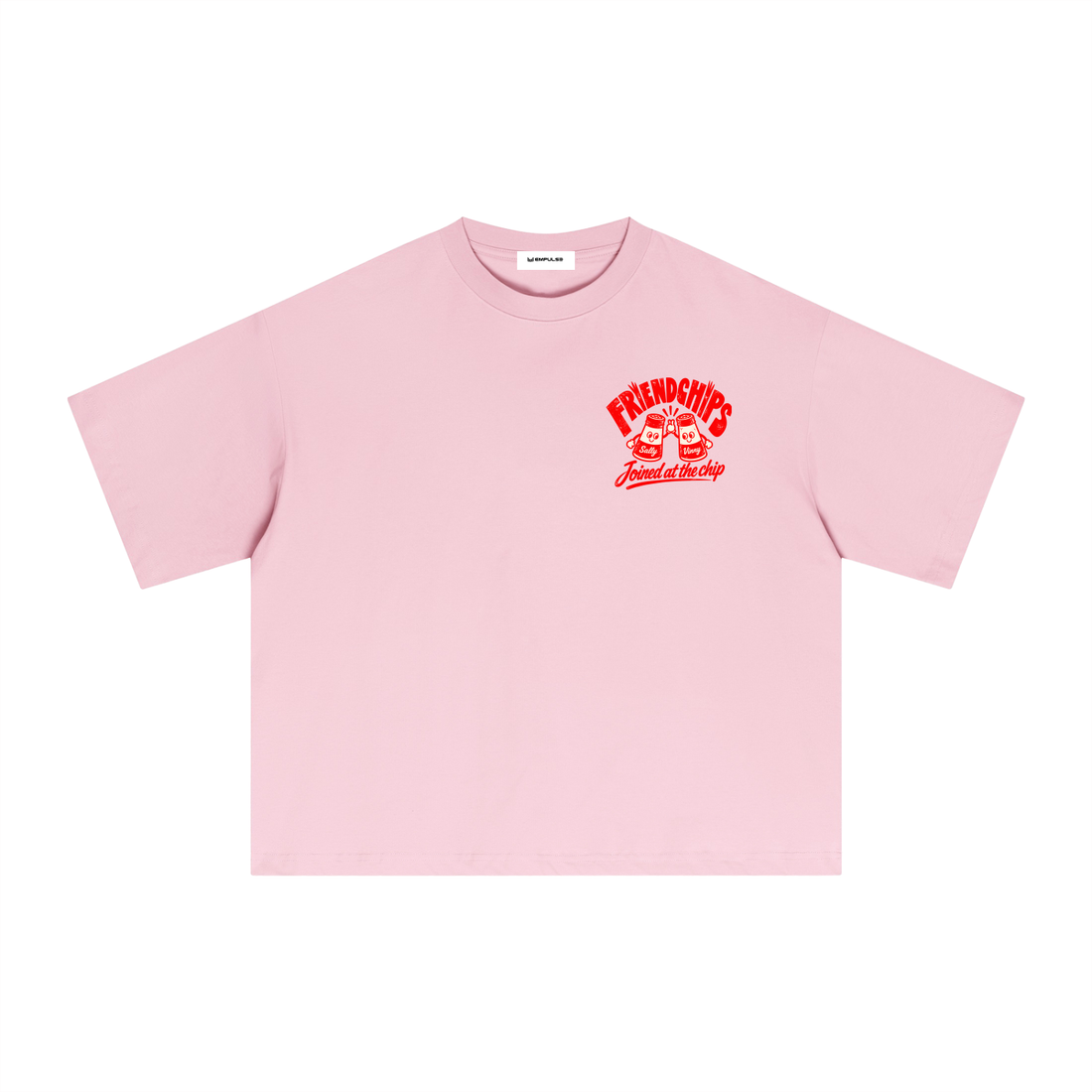 Empulse Hot Chips Sorona boxy tee in pink, front view with small red chips chest graphic