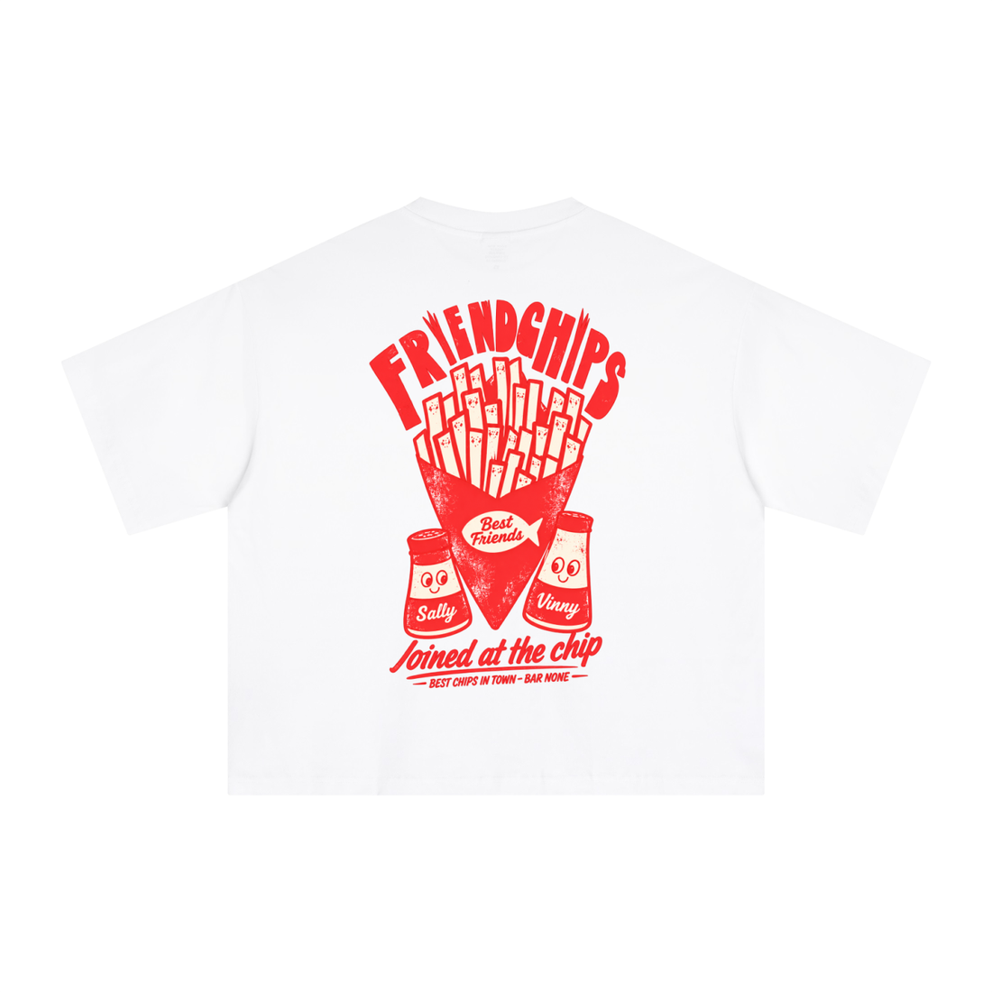 Empulse Hot Chips Sorona boxy tee in white, back view with red hot chips and salt and vinegar print