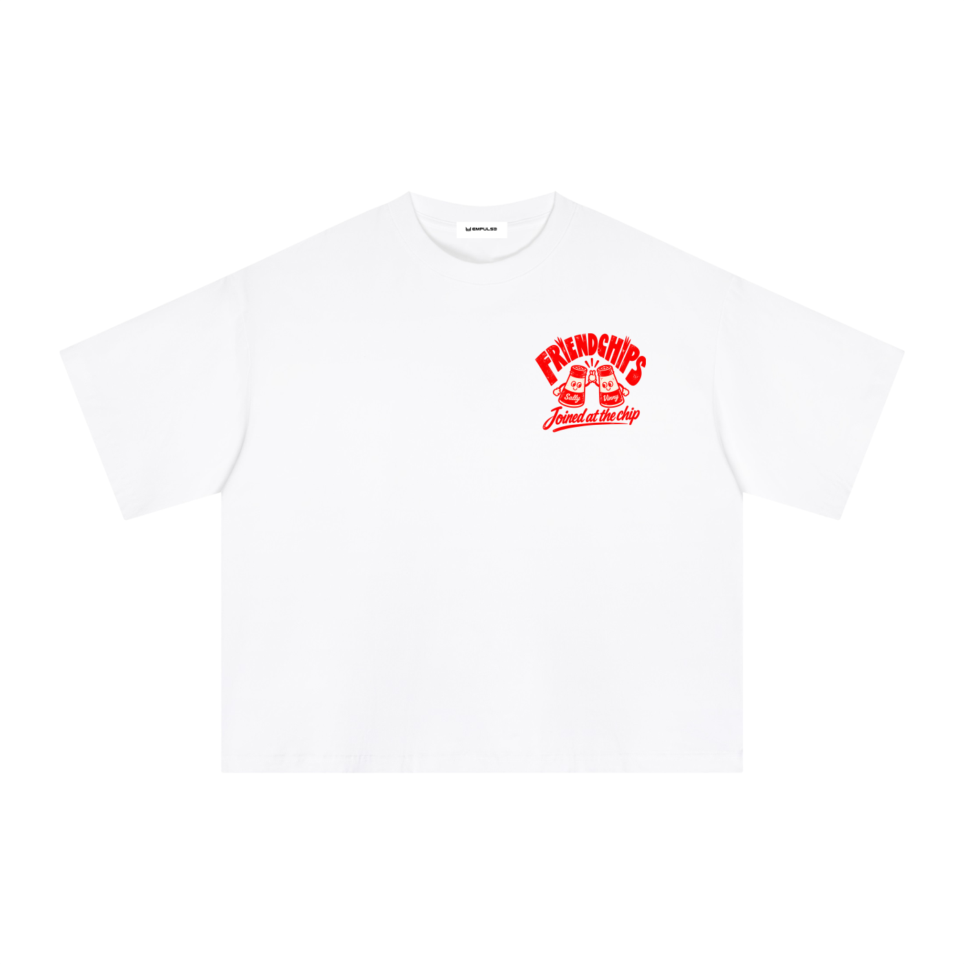 Empulse Hot Chips Sorona boxy tee in white, front view with small red chips chest graphic