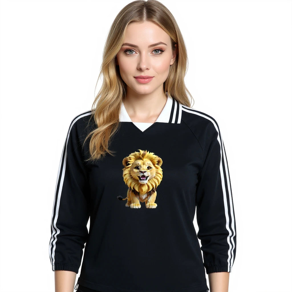 Woman wearing a black long-sleeve shirt with a lion graphic on a white background