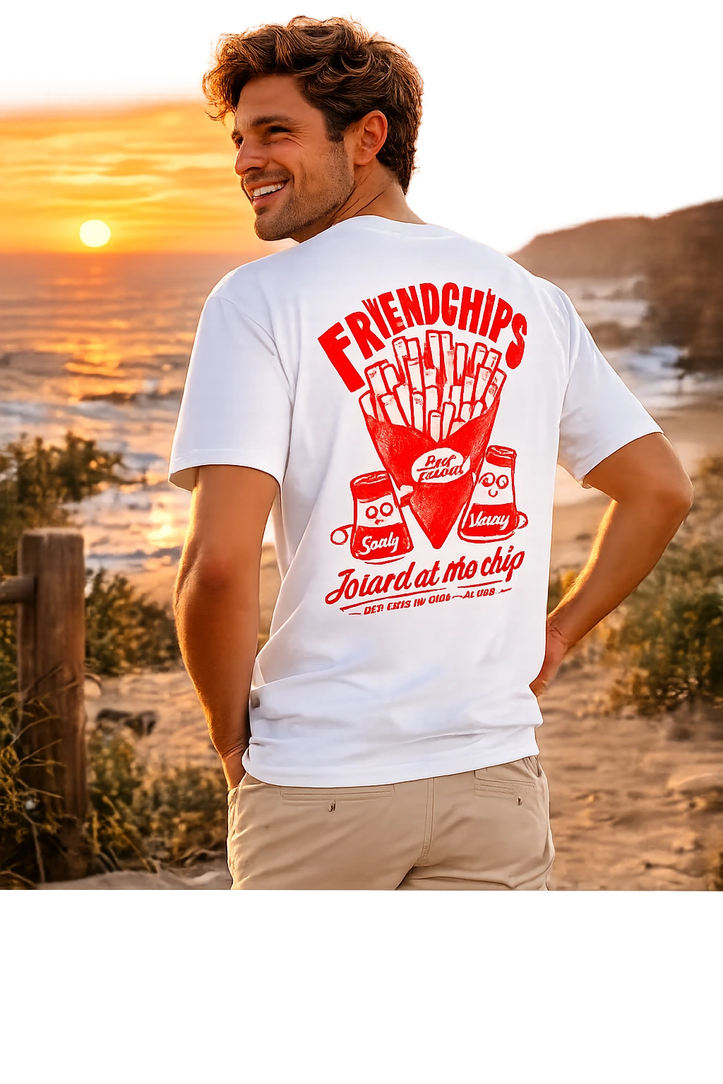 Man wearing white Empulse Hot Chips Sorona boxy tee at a beach sunset, back view with Friendchips print