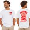 Man wearing white Empulse Hot Chips Sorona boxy tee, front and back views showing Friendchips hot chips print