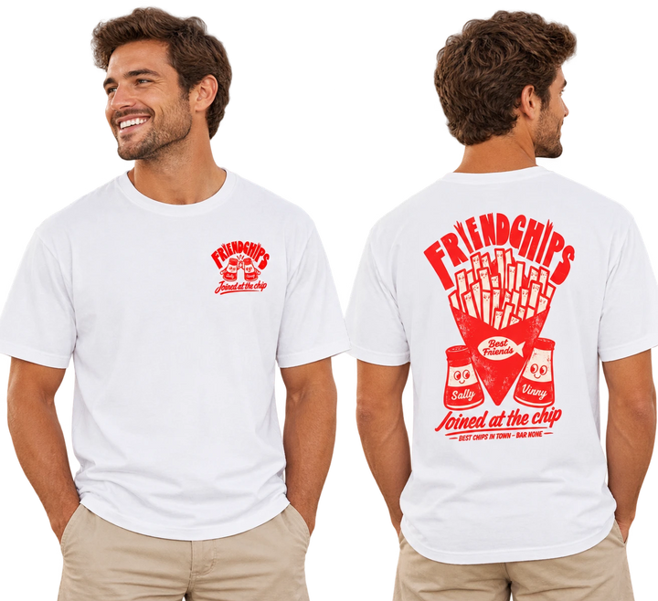 Man wearing white Empulse Hot Chips Sorona boxy tee, front and back views showing Friendchips hot chips print