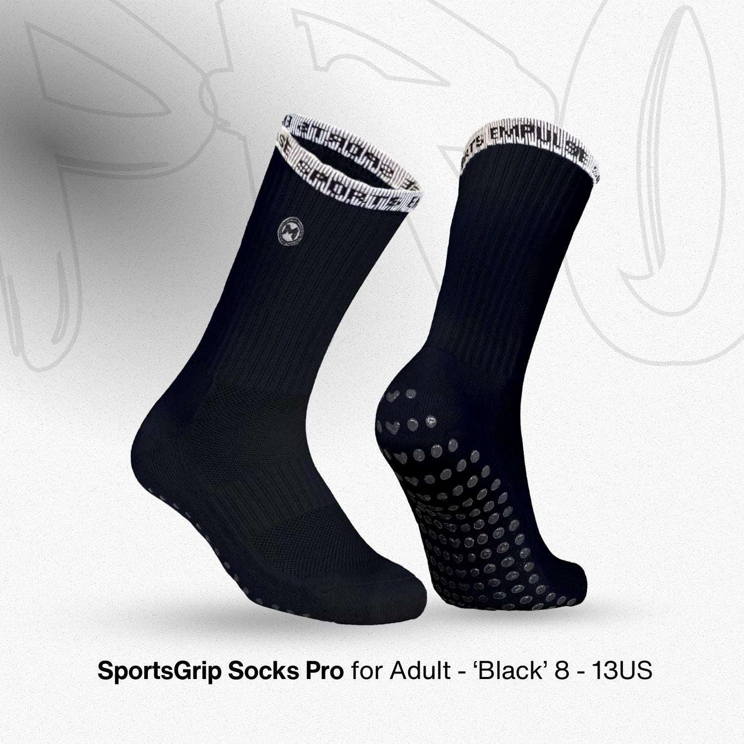 Black sports grip socks with brand logo on a light gray background