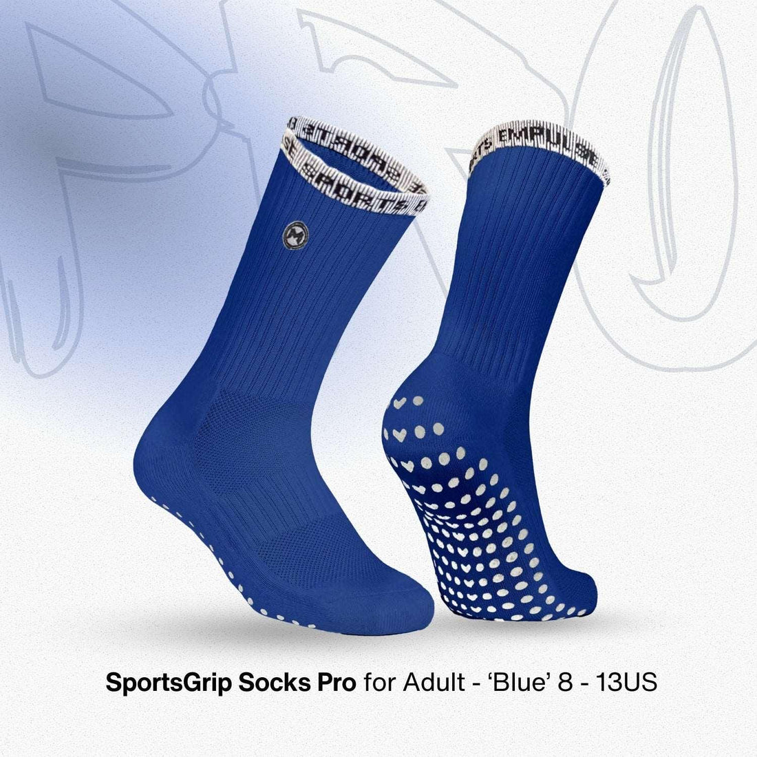 Blue sports grip socks with white pattern on a light gray background