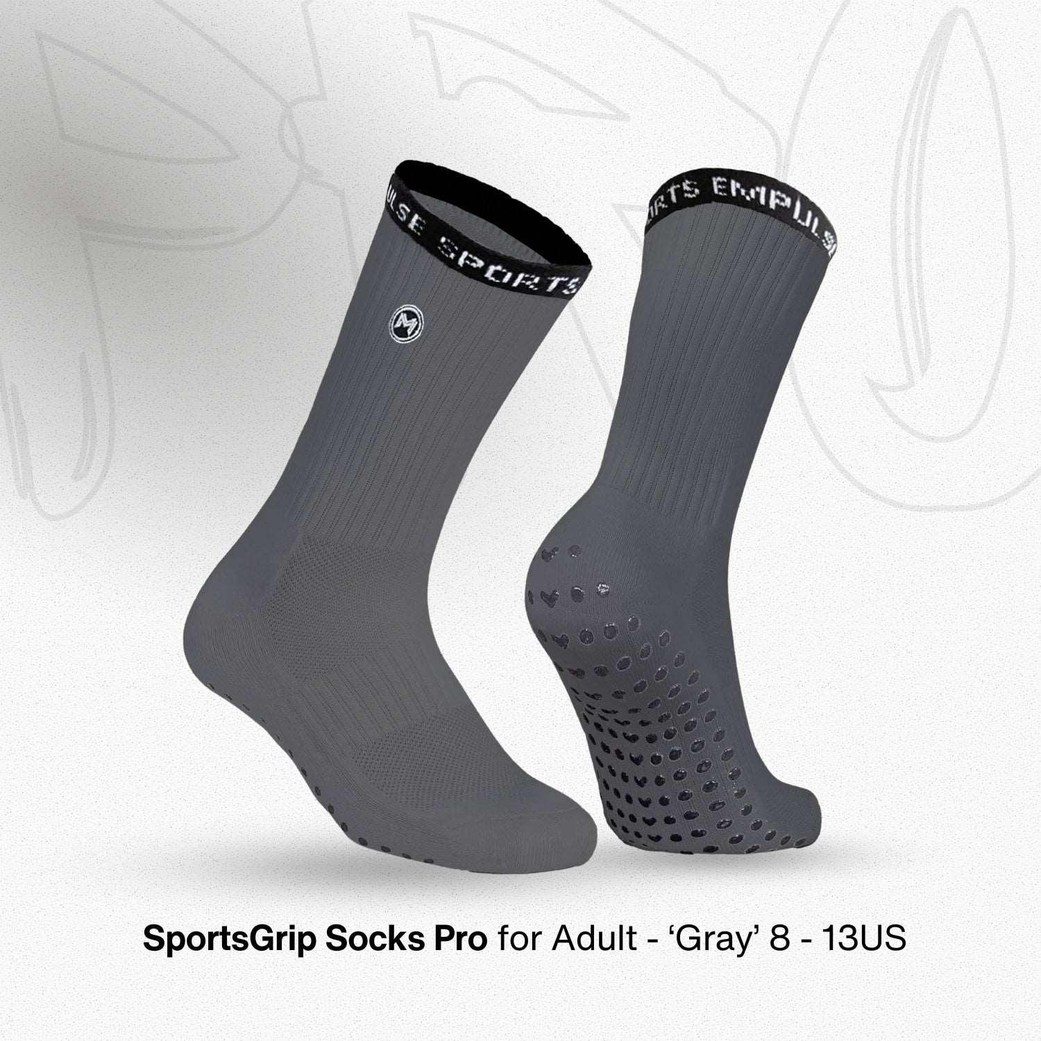 Gray sports grip socks with textured sole on a light gray background