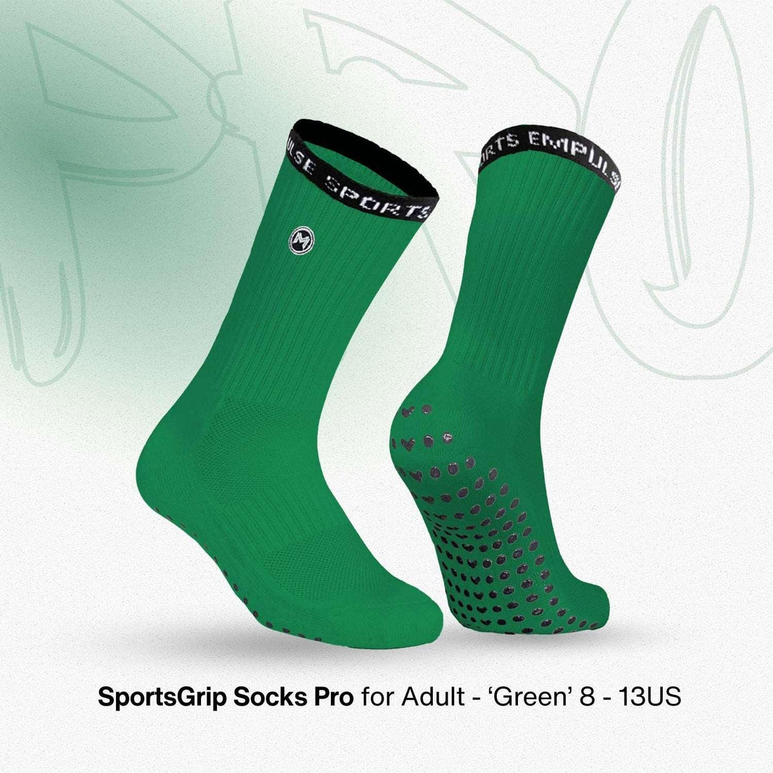 Green sports grip socks with black accents on a light green background