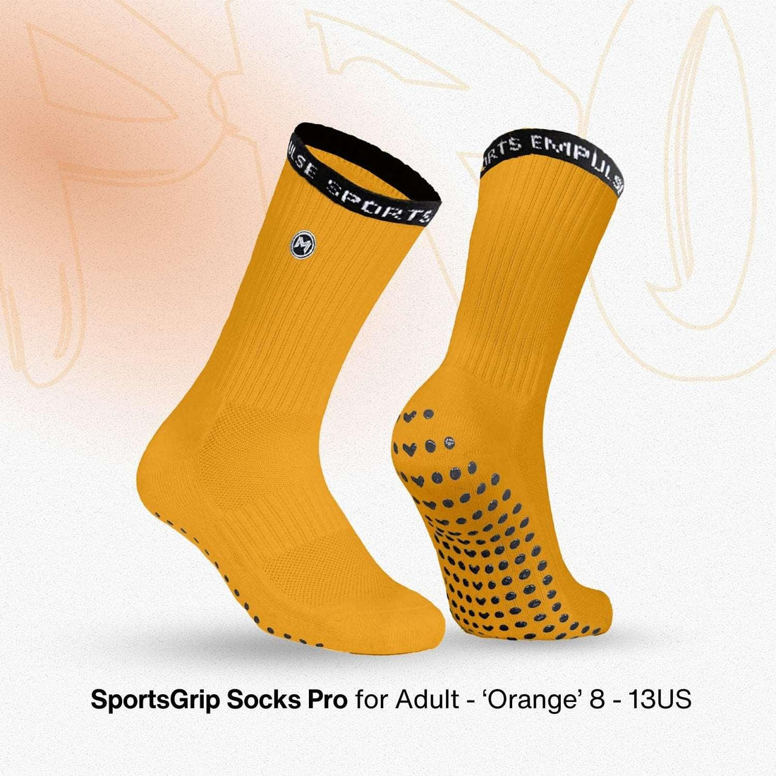 Orange sports grip socks with black patterned sole on a light background