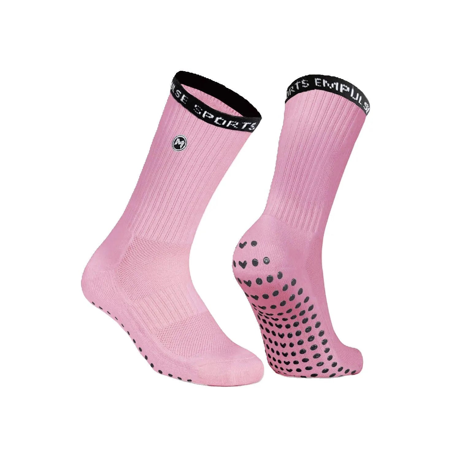 A pair of pink athletic grip socks with non-slip sole pattern, designed for sports like soccer and basketball.