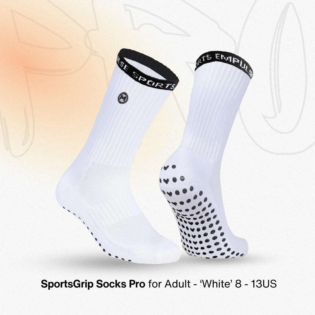 White socks with black grip dots and text on a gradient background