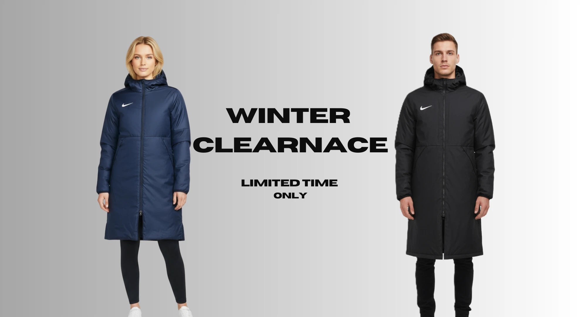 Two people wearing long winter coats with a 'Winter Clearance' sign on a gray background.