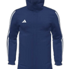 Navy blue hoodie with white stripes and Adidas logo on a white background