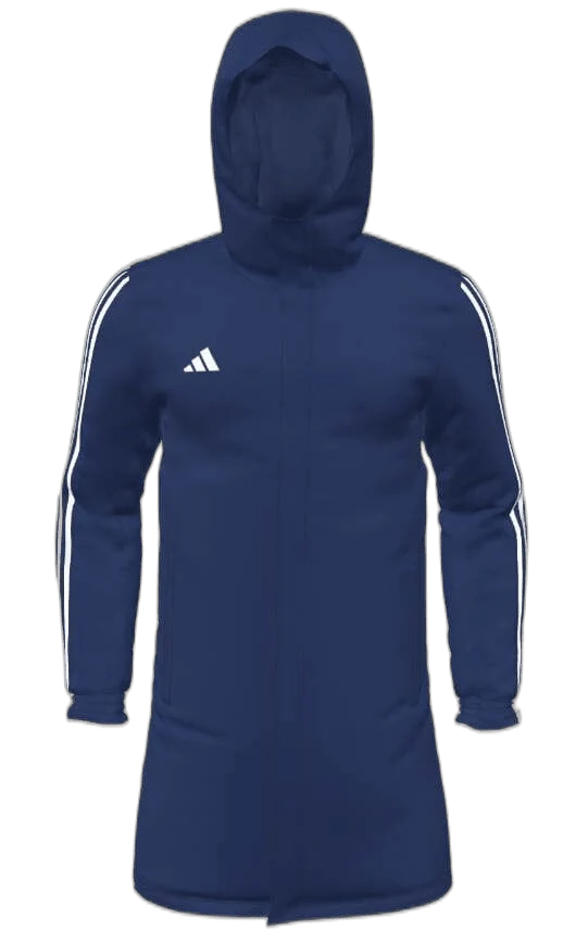 Navy blue hoodie with white stripes and Adidas logo on a white background