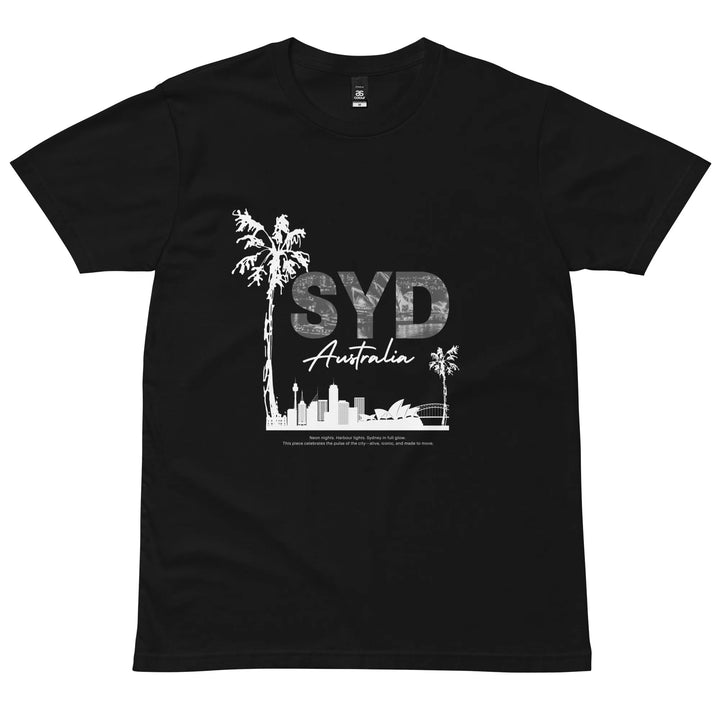 Flatlay of Empulse™ black Sydney tshirt with bold SYD letters, palm trees, and white city silhouette