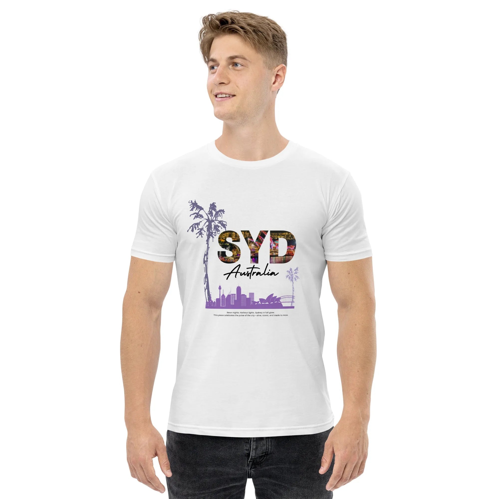 Blonde model wearing Empulse™ white Sydney tshirt featuring palm tree and silhouette skyline print