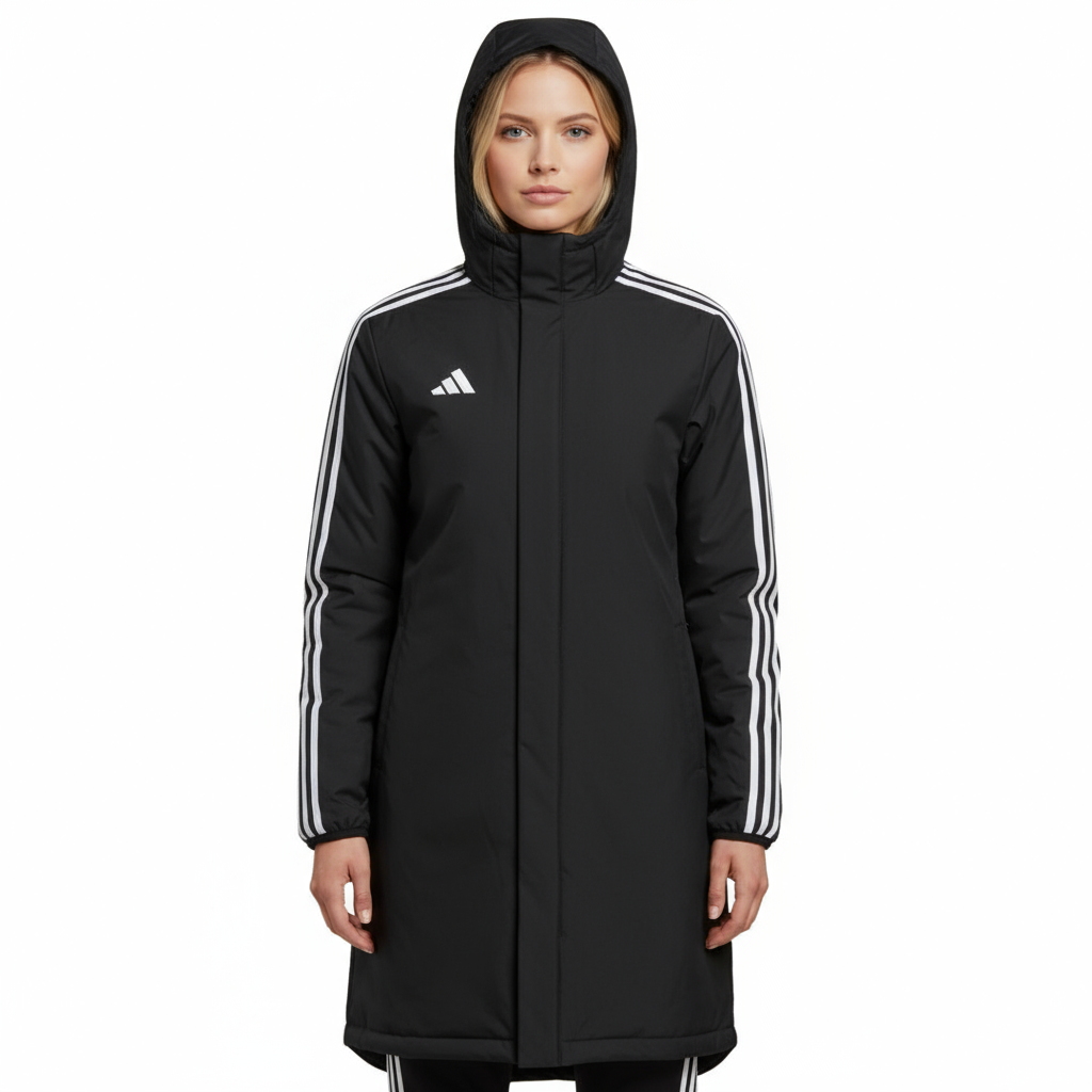 Person wearing a black Adidas Adidas Mi 23 Stadium Jacket with white stripes on a white background