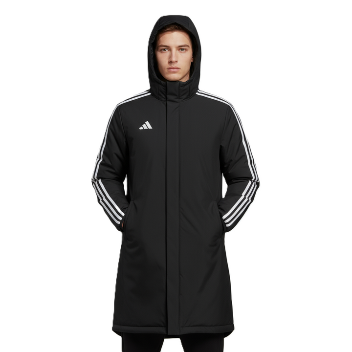 Person wearing a black Adidas Mi 23 Stadium Jacket with white stripes on a white background