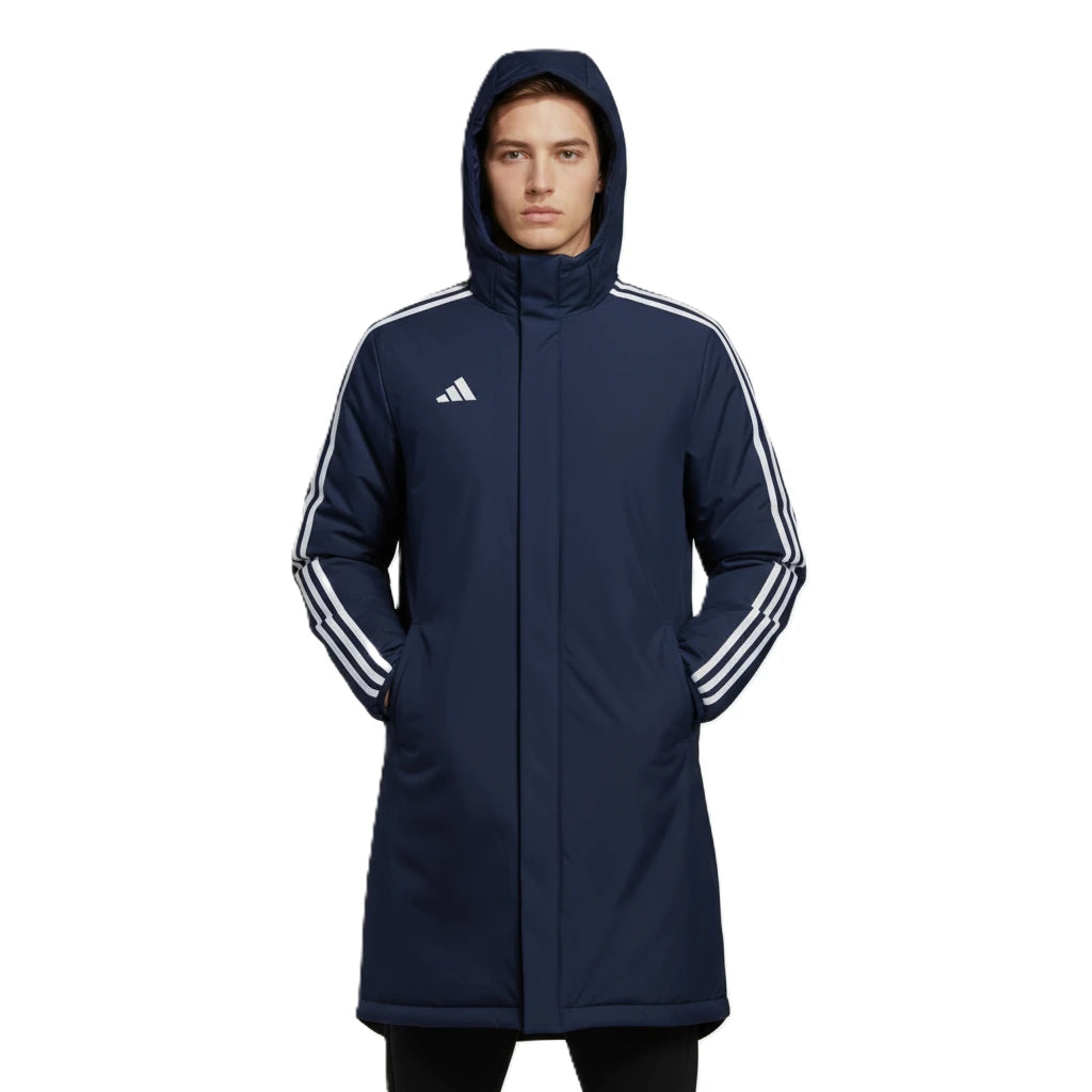 Navy blue raincoat with white stripes on sleeves and Adidas logo on a white background