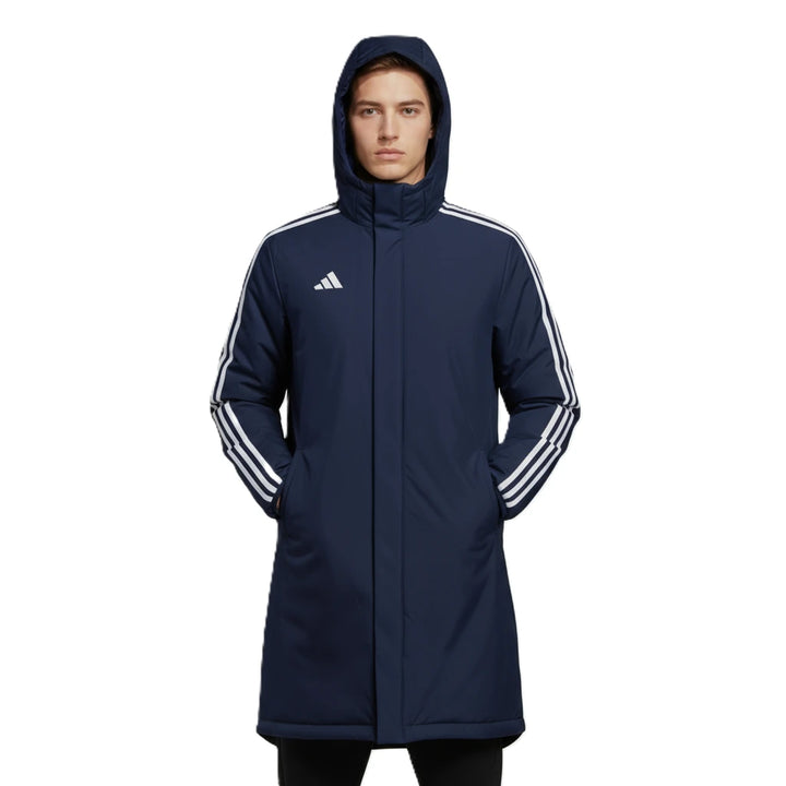 Navy blue raincoat with white stripes on sleeves and Adidas logo on a white background