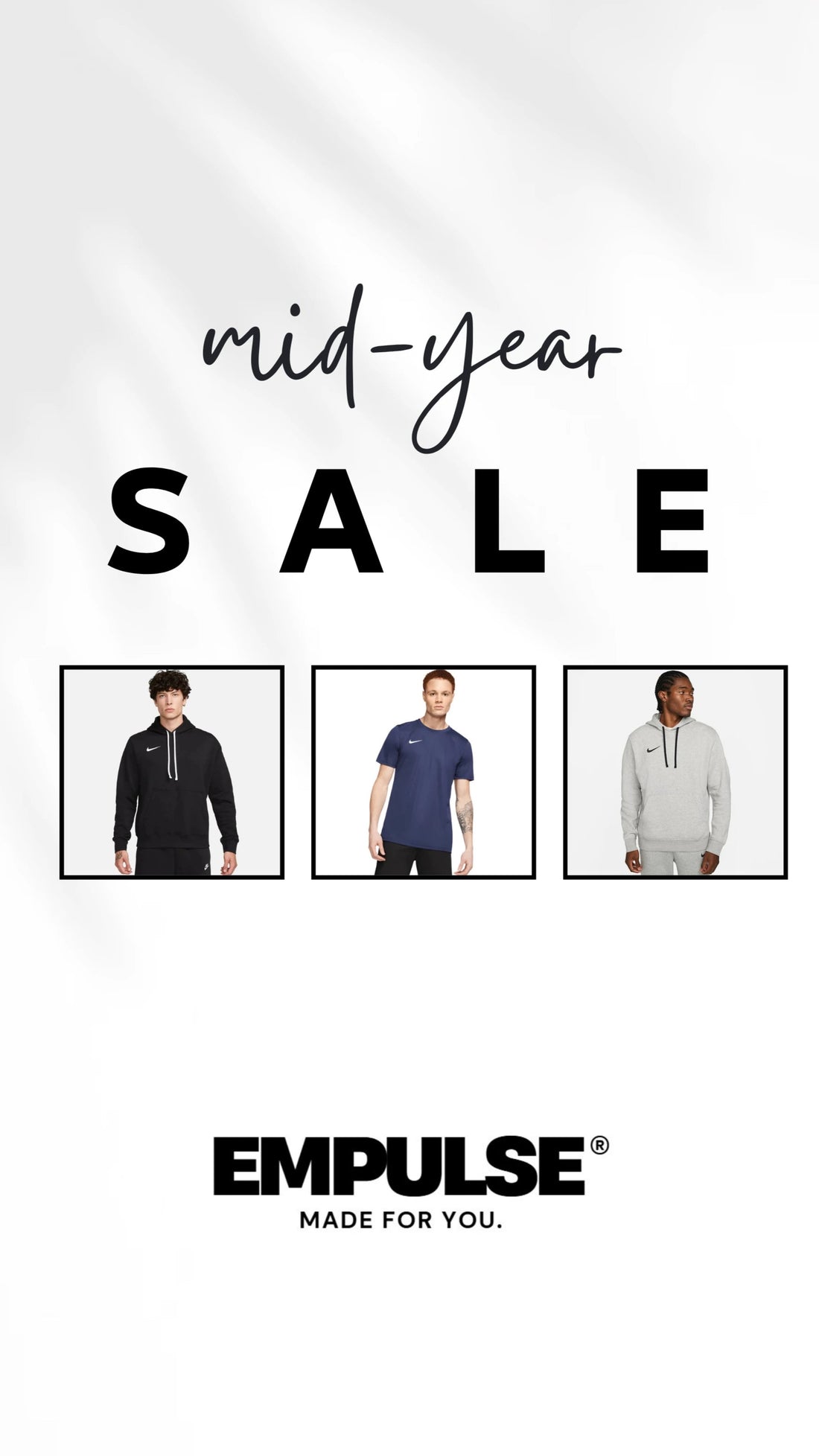 Advertisement for Empulse mid-year sale with three people wearing clothing.