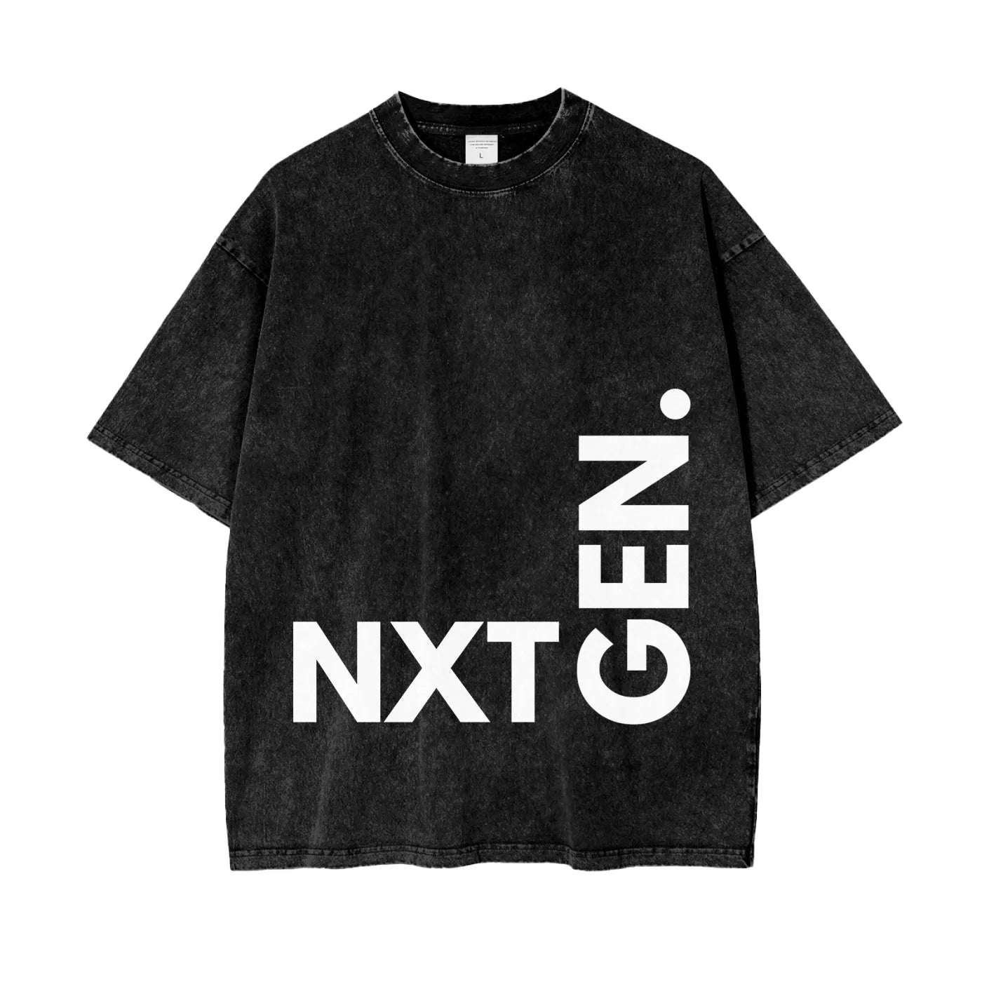 NXTGEN black tee – flat lay front with vertical logo, Empulse™