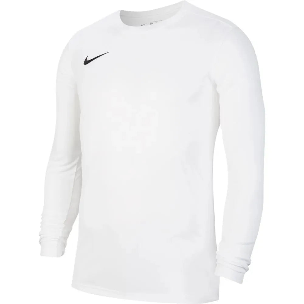Front view of white Nike Dri-FIT Park VII long sleeve tee with classic swoosh on chest.